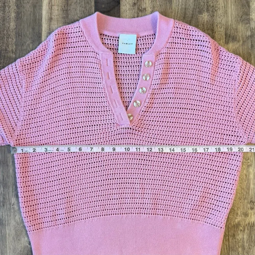 Varley Callie Open-Knit Cotton Top Short Sleeve Button Summer Pink Women’s Small - Picture 5 of 10